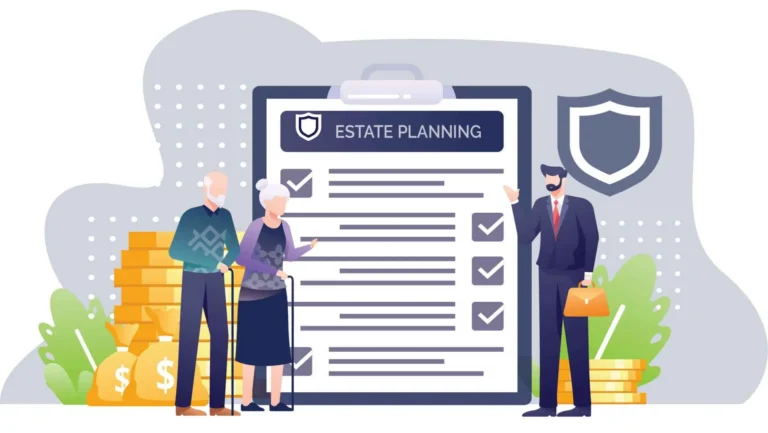 Illustration of elderly couple with financial advisor beside large estate planning checklist and money bags.