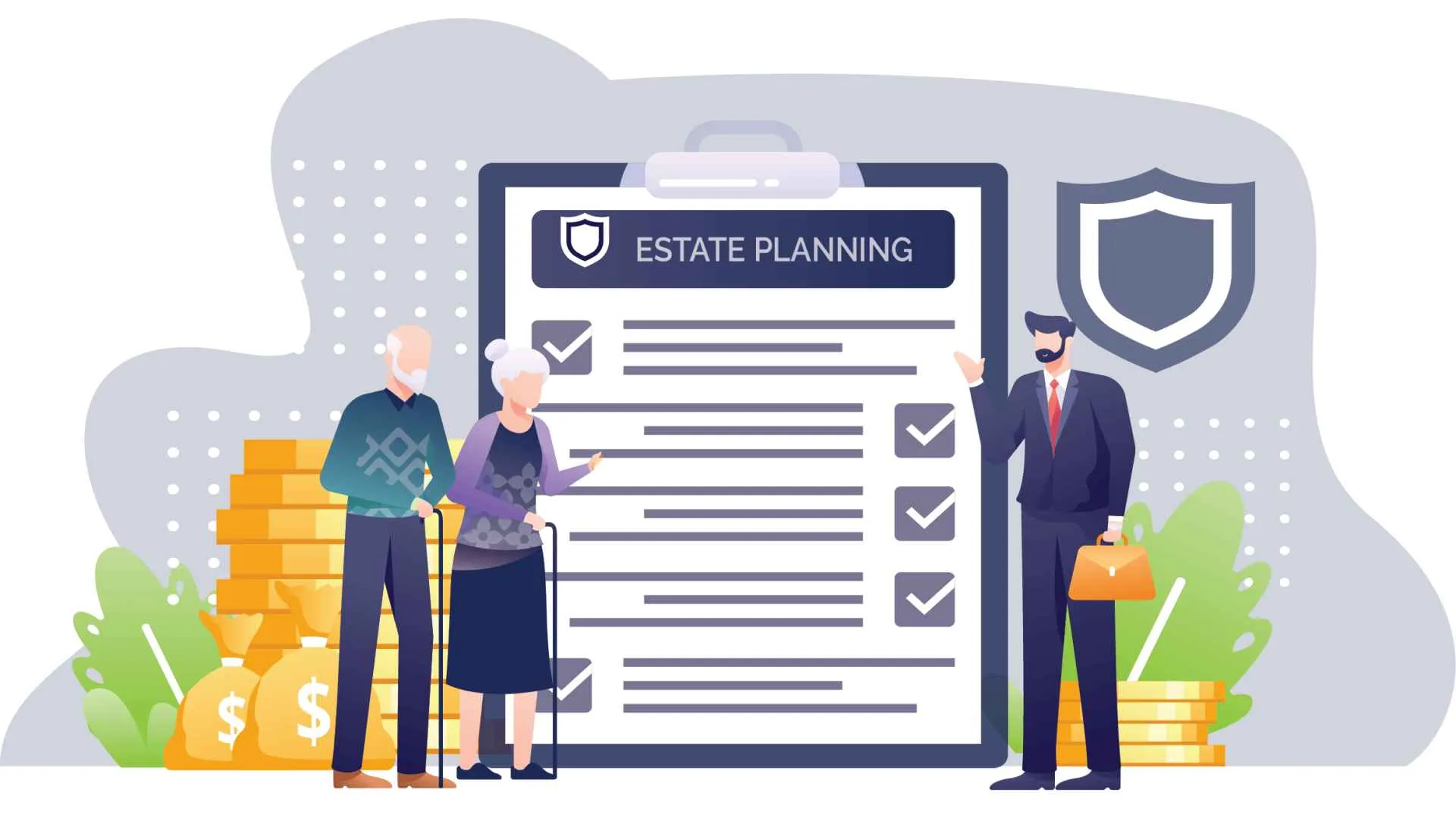 Illustration of elderly couple with financial advisor beside large estate planning checklist and money bags.