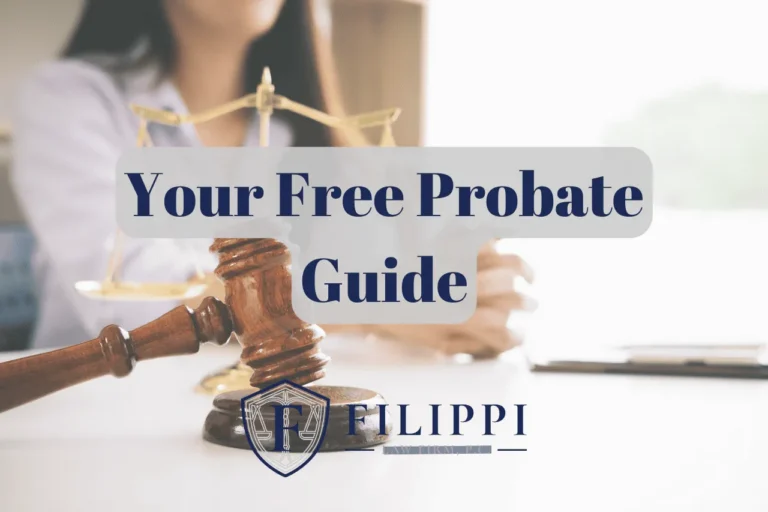 Wooden gavel and scales of justice on table with woman in background, text "Your Free Probate Guide.