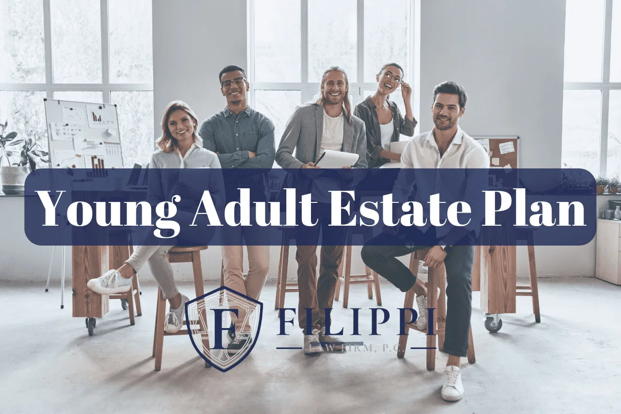 Group of five young adults smiling in modern office with text overlay "Young Adult Estate Plan" and law firm logo.