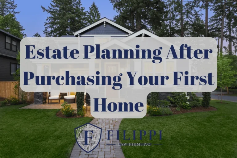 Modern suburban house with well-maintained lawn and estate planning text overlay.