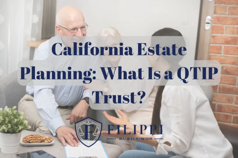 Three people in a discussion in an office setting with text about California estate planning and QTIP trust.