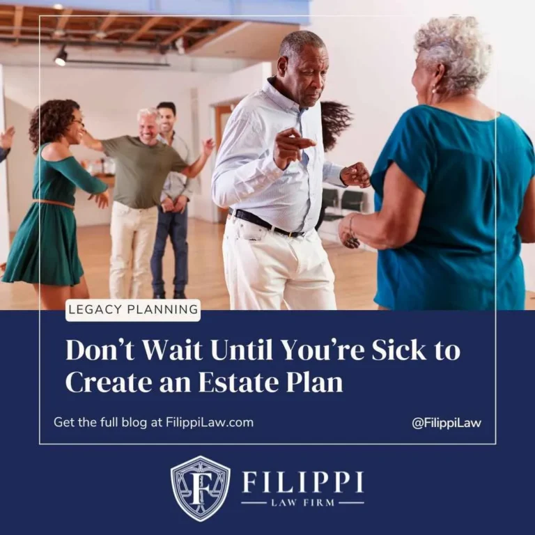 Group of diverse older adults dancing indoors with estate planning advisory text.