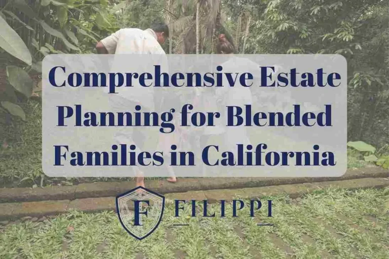 Two people working in a garden with overlay text about estate planning for blended families in California.