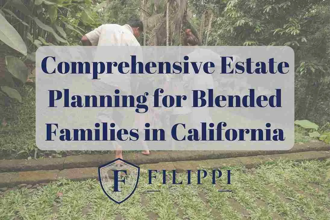 Two people working in a garden with overlay text about estate planning for blended families in California.