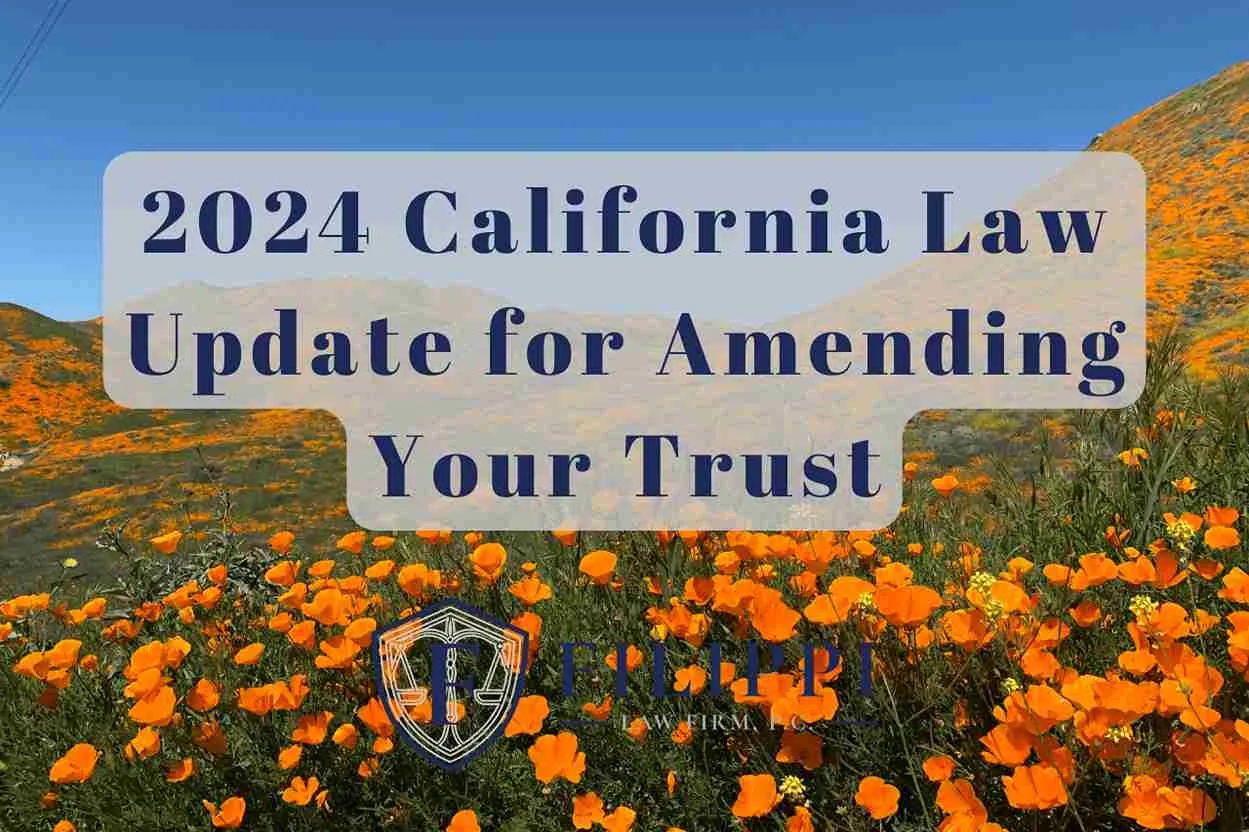 Field of orange California poppies under clear blue sky with text about 2024 California law update.