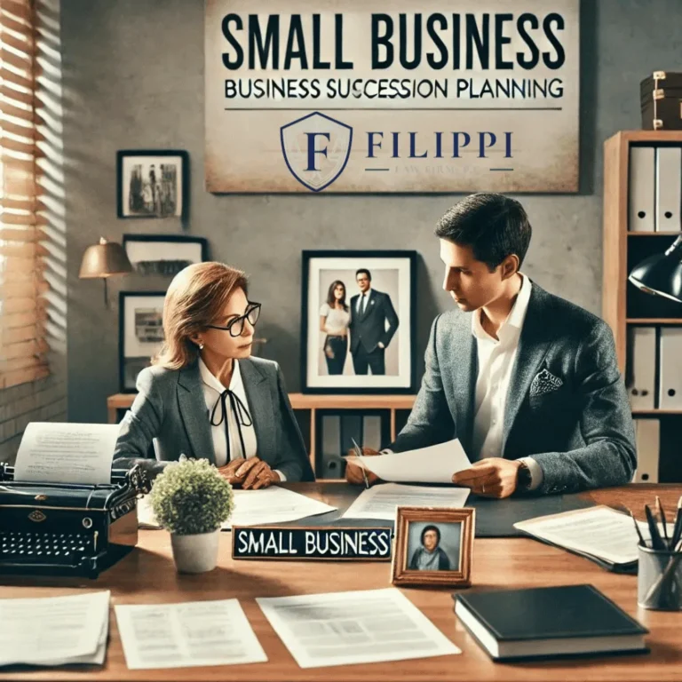 Two professionals discussing documents in an office with "Small Business Succession Planning" sign.
