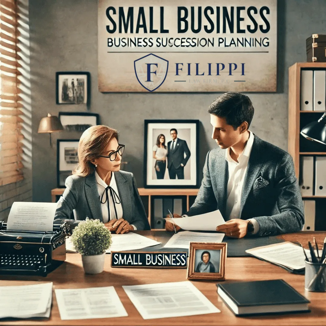 Two professionals discussing documents in an office with "Small Business Succession Planning" sign.