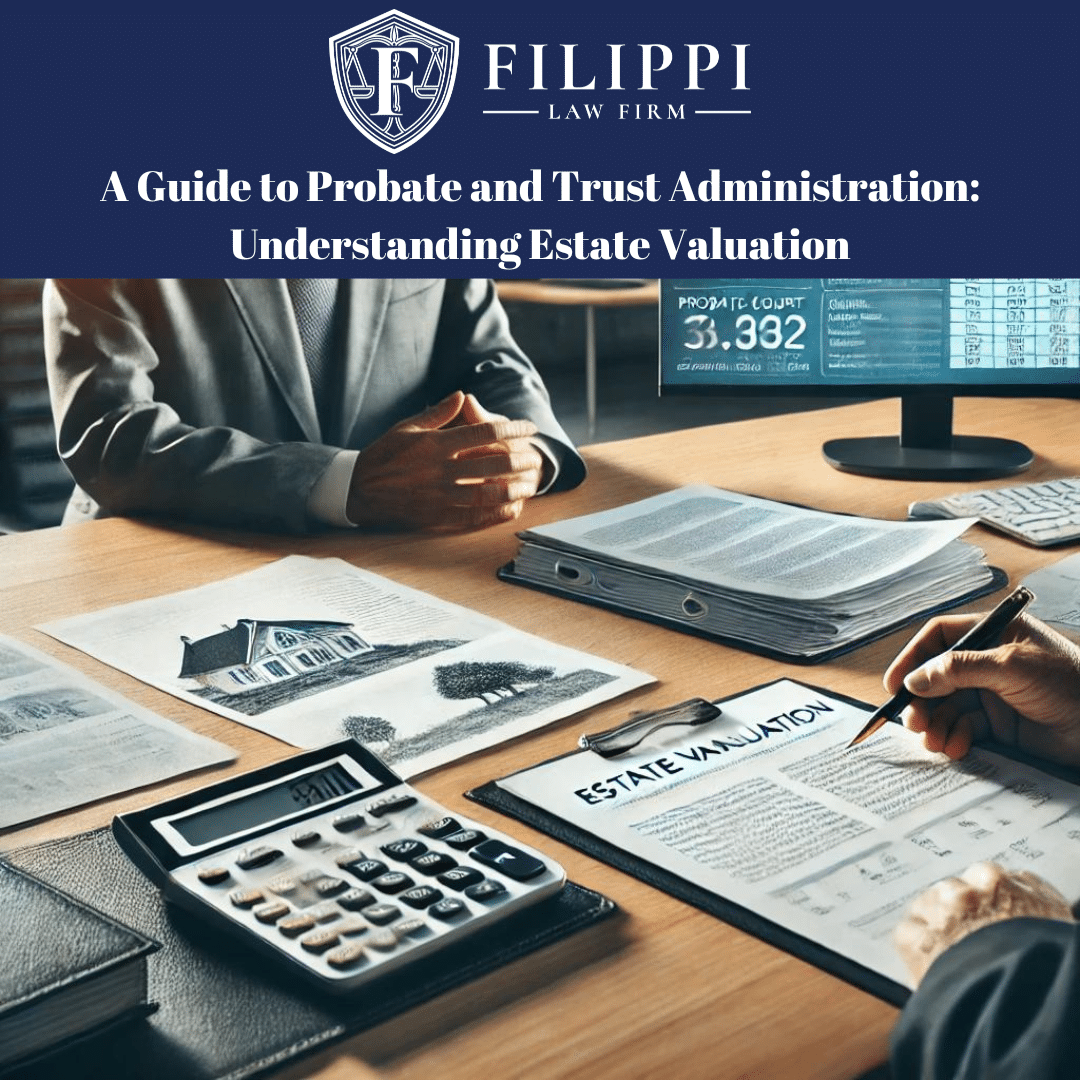 Professional office setting featuring an estate planning attorney and a client reviewing documents related to estate valuation. The desk includes visual elements like a 'Probate Court' document, a 'Trust Administration' file, and appraisal reports for real estate and personal property. A computer screen displays a valuation summary. The atmosphere is professional, organized, and reassuring, reflecting the importance and seriousness of the estate valuation process.