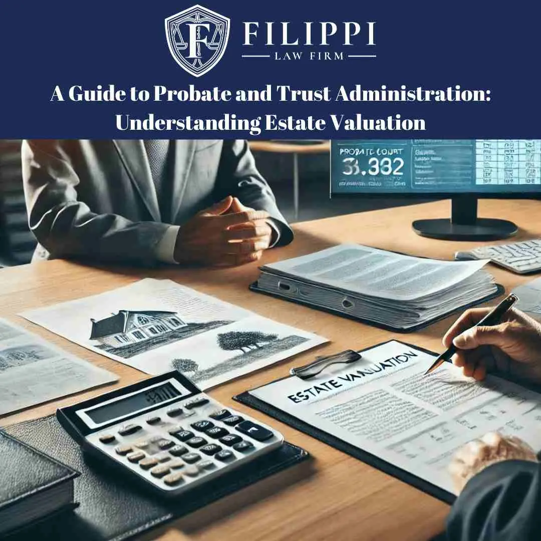 Business meeting scene with legal documents, calculator, and computer, titled "A Guide to Probate and Trust Administration.