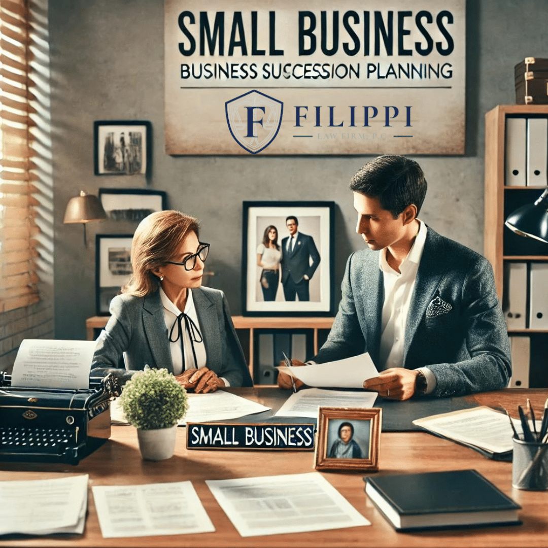 Small business owner and estate planning attorney reviewing documents at a desk in a well-organized office setting. The scene includes a 'Small Business' sign, financial documents, and a family photo on the desk, symbolizing the importance of business succession planning. The atmosphere is professional and reassuring, emphasizing the seriousness of planning for the future.