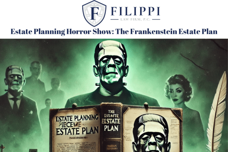 Estate planning horror-themed graphic for an article titled 'Estate Planning Horror Show: The Frankenstein Estate Plan.' In a spooky, dimly lit room, an estate planner’s desk features eerie green lighting, with scattered legal documents and a thick book labeled 'Estate Plan,' stitched together Frankenstein-style. Shadows of ghostly figures and legal documents loom in the background. Overlay text reads, 'Avoid the Horror of Piecemeal Estate Plans' and 'Contact Filippi Law Firm, P.C.' Perfect for readers in Rocklin, Roseville, and Granite Bay looking for trusted estate planning, trusts, and attorney services. Styled as a vintage horror movie poster with an aged, Halloween feel.