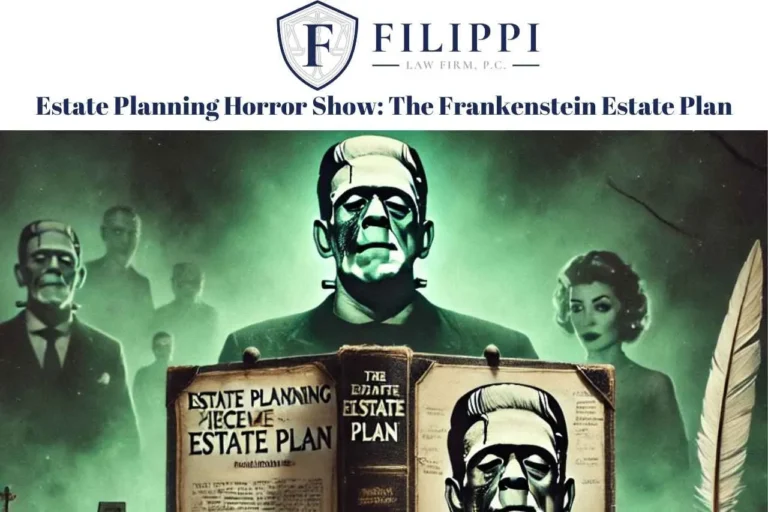Logo of Filippi Law Firm above a green-tinted image of Frankenstein reading an estate planning book.