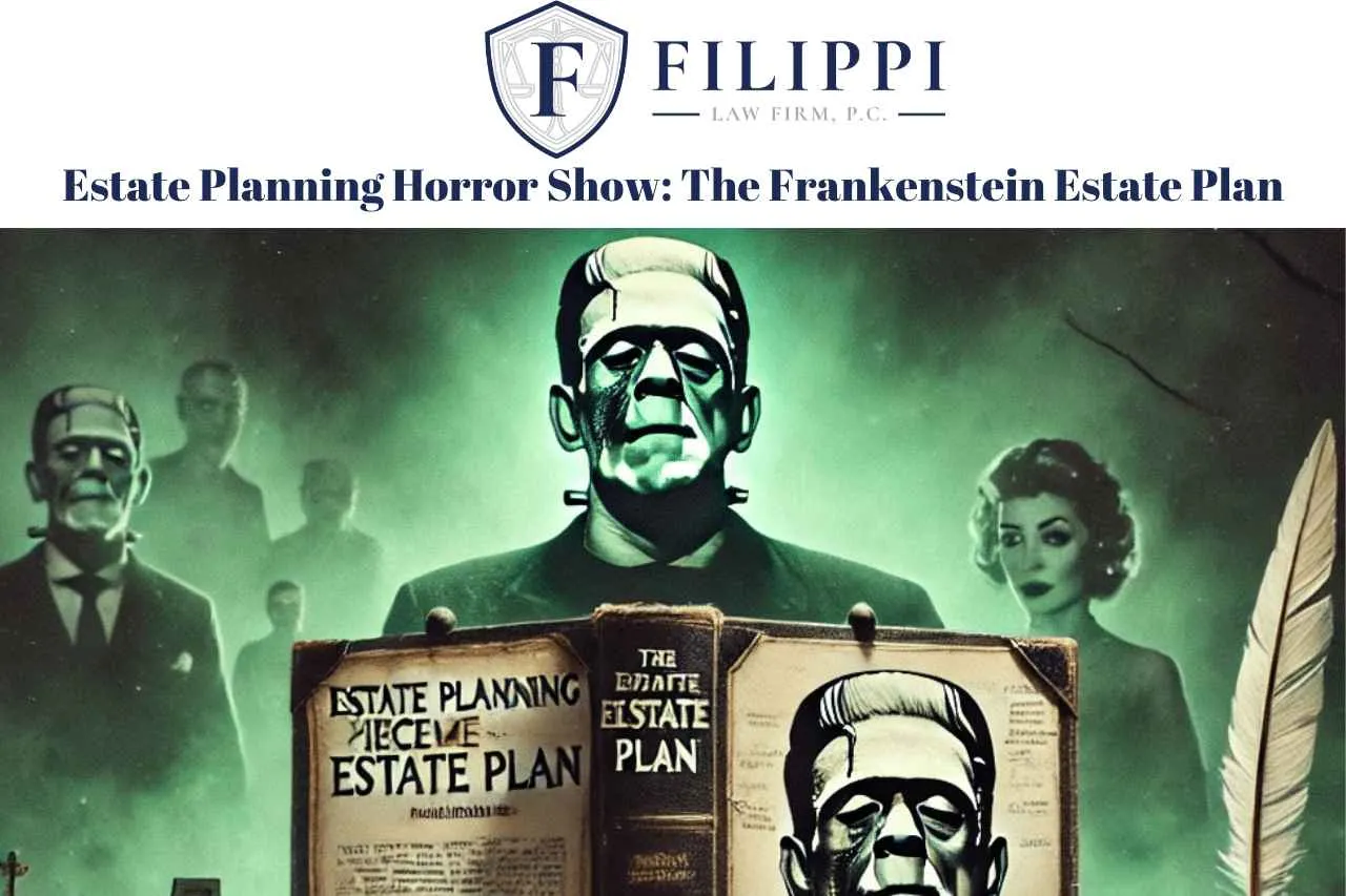 Logo of Filippi Law Firm above a green-tinted image of Frankenstein reading an estate planning book.