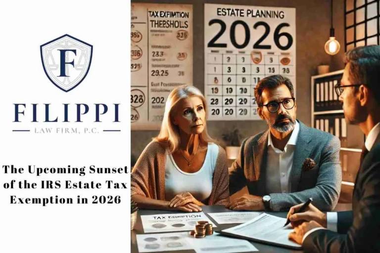 Law firm logo and text beside a couple consulting a professional about 2026 estate tax planning.