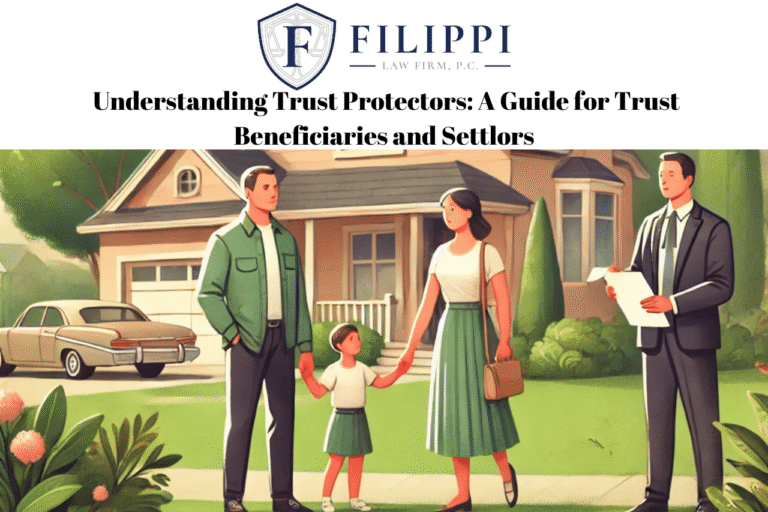 Estate planning and trust protection in Rocklin, Roseville, and Granite Bay. A family standing together in front of a well-maintained suburban home, symbolizing security and future planning. A legal figure or trust protector holds legal documents, representing trust administration. Icons for Rocklin, Roseville, and Granite Bay landmarks highlight local estate planning services. Warm, professional tones convey trust, safety, and family protection.