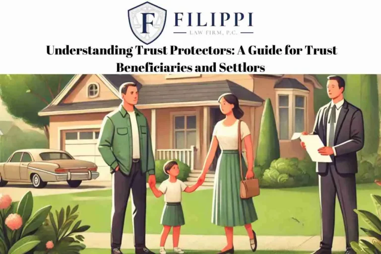 Logo of Filippi Law Firm with a family of three and a professional man holding documents in front of a suburban house.