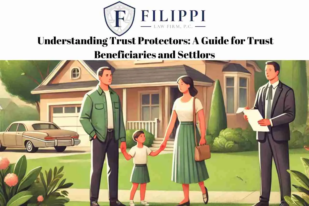 Logo of Filippi Law Firm with a family of three and a professional man holding documents in front of a suburban house.