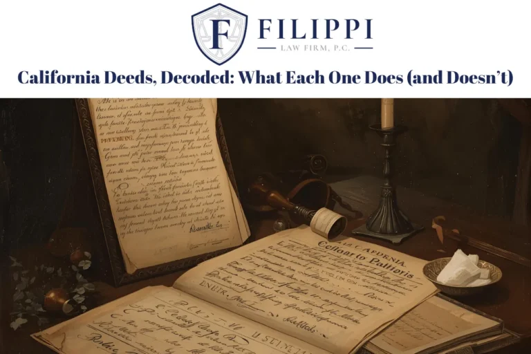 Logo of Filippi Law Firm above text "California Deeds, Decoded: What Each One Does (and Doesn’t)" over vintage handwritten documents and a candle.