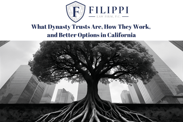 California estate planning attorney image: deep-rooted tree amid skyscrapers symbolizing dynasty trusts, asset protection, and generational wealth — Filippi Law Firm.