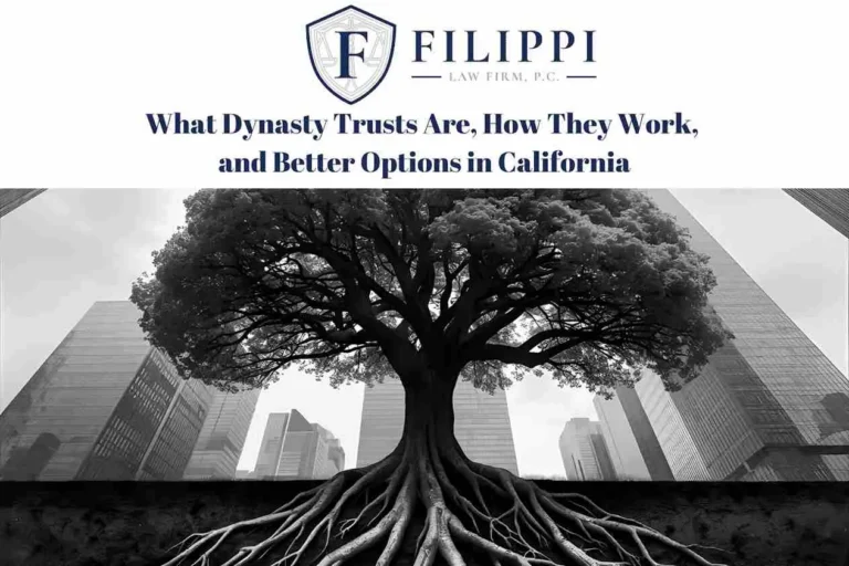 Black and white image of a large tree with extensive roots beneath urban skyscrapers, with Filippi Law Firm logo and text above.