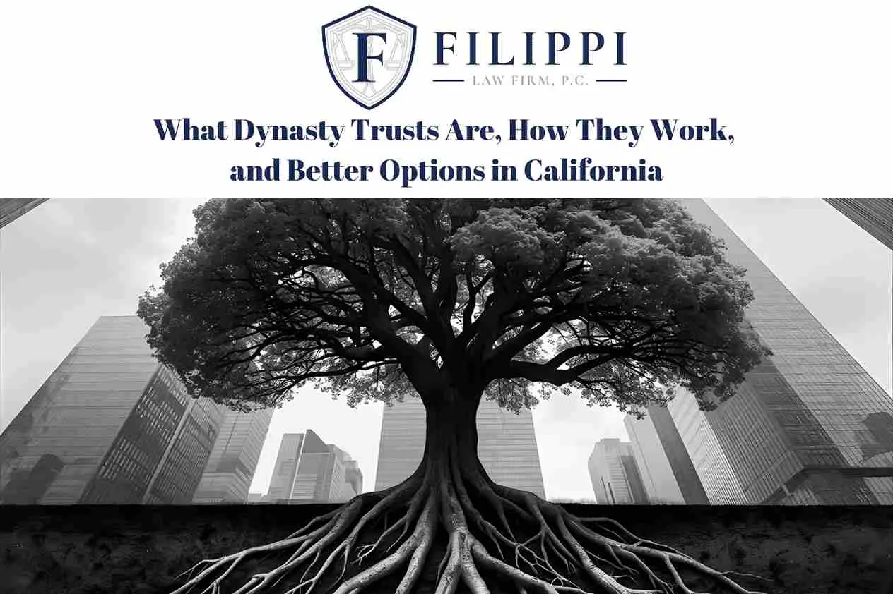 Black and white image of a large tree with extensive roots beneath urban skyscrapers, with Filippi Law Firm logo and text above.