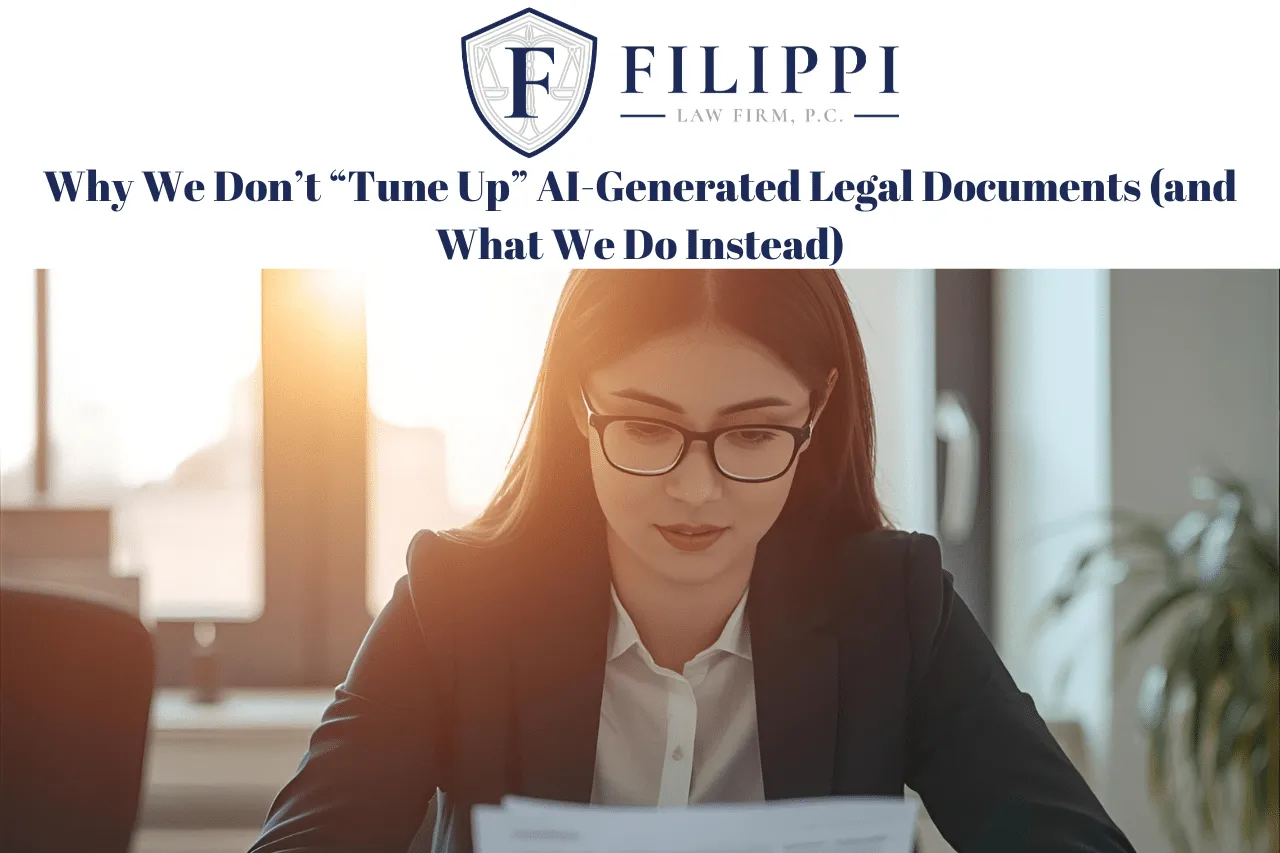 Logo of Filippi Law Firm with a professional woman in glasses reviewing documents.