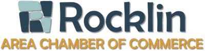 Logo featuring stylized blue and gray graphic with text "Rocklin Area Chamber of Commerce" in black and orange.