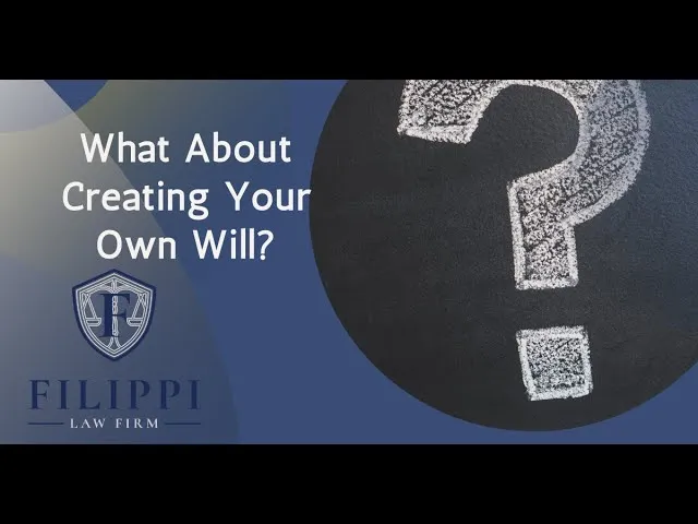 Text on blue background reads "What About Creating Your Own Will?" alongside a large white chalk question mark on a black circle, with the Filippi Law Firm logo and name.