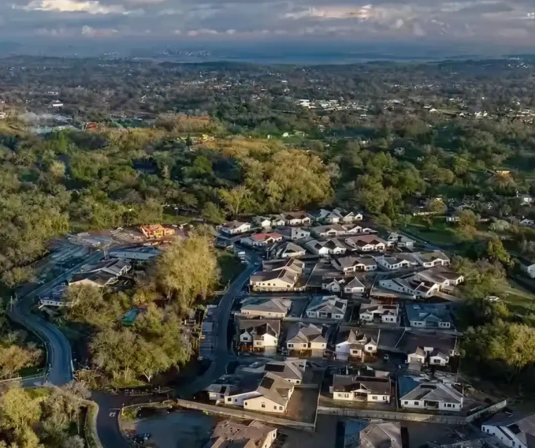 Aerial view of a suburban neighborhood with houses, trees, and winding roads under a cloudy sky.