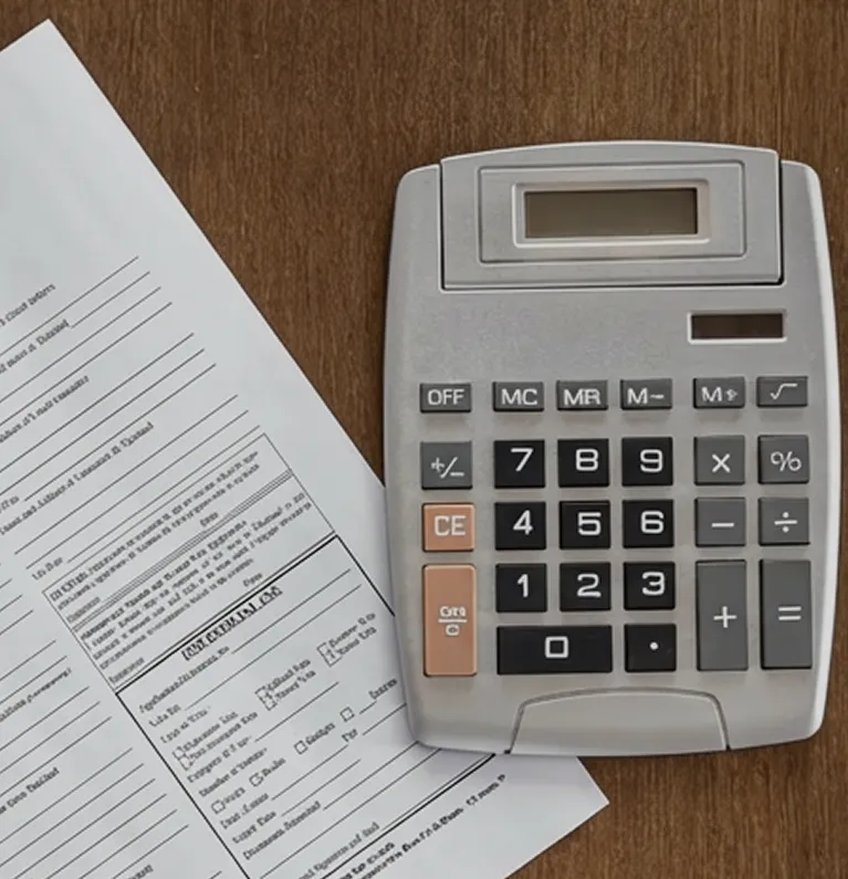 Gray calculator with black and beige buttons placed beside printed financial documents on a wooden surface.