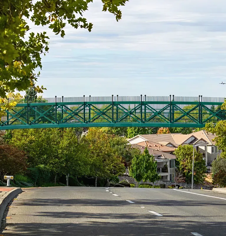 Green metal pedestrian bridge spanning over a suburban road with trees and houses in the background.