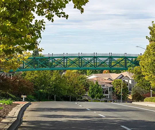 Green pedestrian bridge over a suburban road with trees and houses in the background.