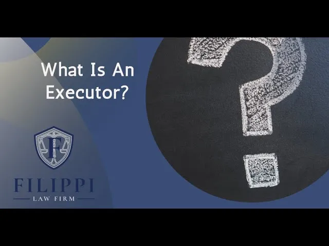 Text "What Is An Executor?" with a large white chalk question mark on a black circle, dark blue background, and Filippi Law Firm logo.