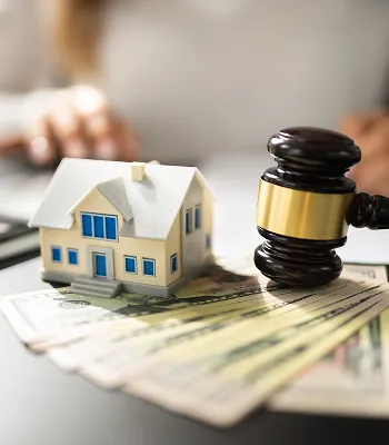 Small model house and wooden gavel placed on US dollar bills with blurred person in background.