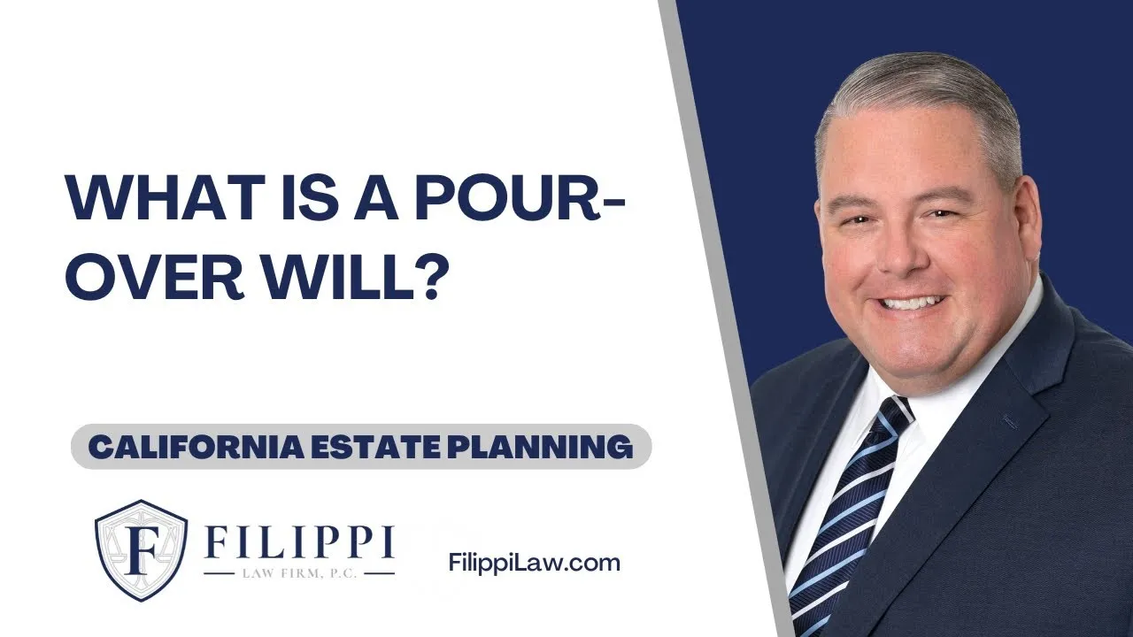 Professional headshot of a man in a suit next to text about pour-over wills and California estate planning.