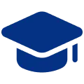 Blue graduation cap icon with a flat, minimalist design on a white background.