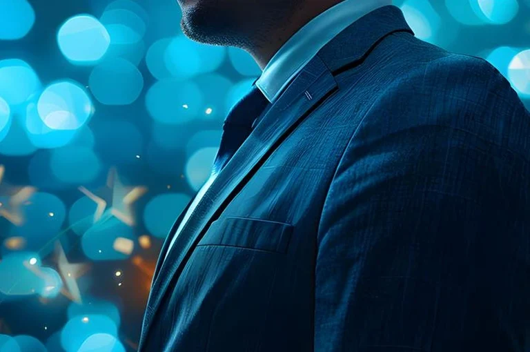 Man in suit with blue bokeh lights and golden stars