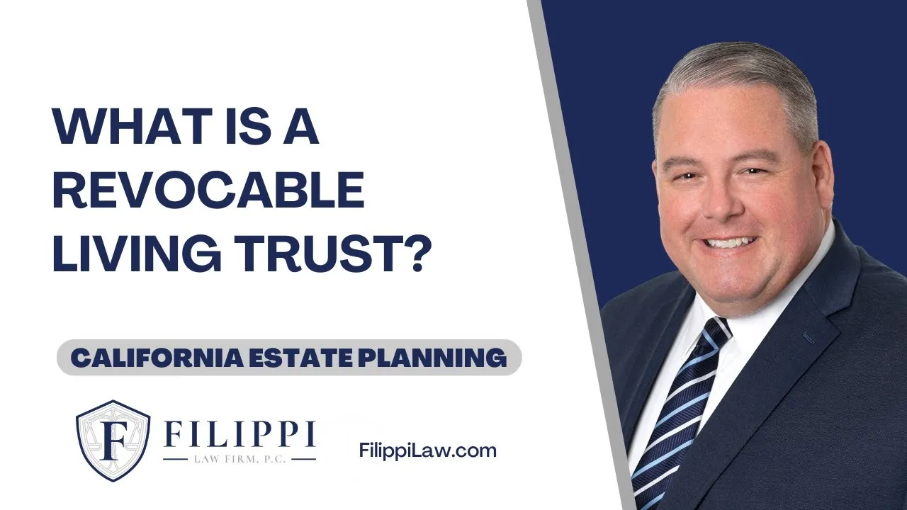 Professional headshot of a man in a suit with text about revocable living trusts and California estate planning.