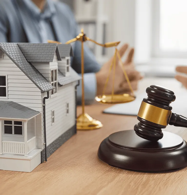Close-up of a model house, wooden judge's gavel, and golden scales of justice on desk.