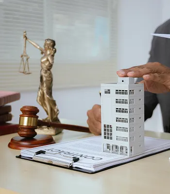 A person’s hand placing a white building model on a contract, with a gavel and Lady Justice statue in the background.