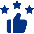 Blue thumbs-up icon with three blue stars above it on white background.