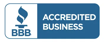 Blue and white badge displaying "BBB Accredited Business" with torch logo on left.