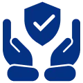 Blue icon depicting two hands holding a shield with a checkmark symbol.