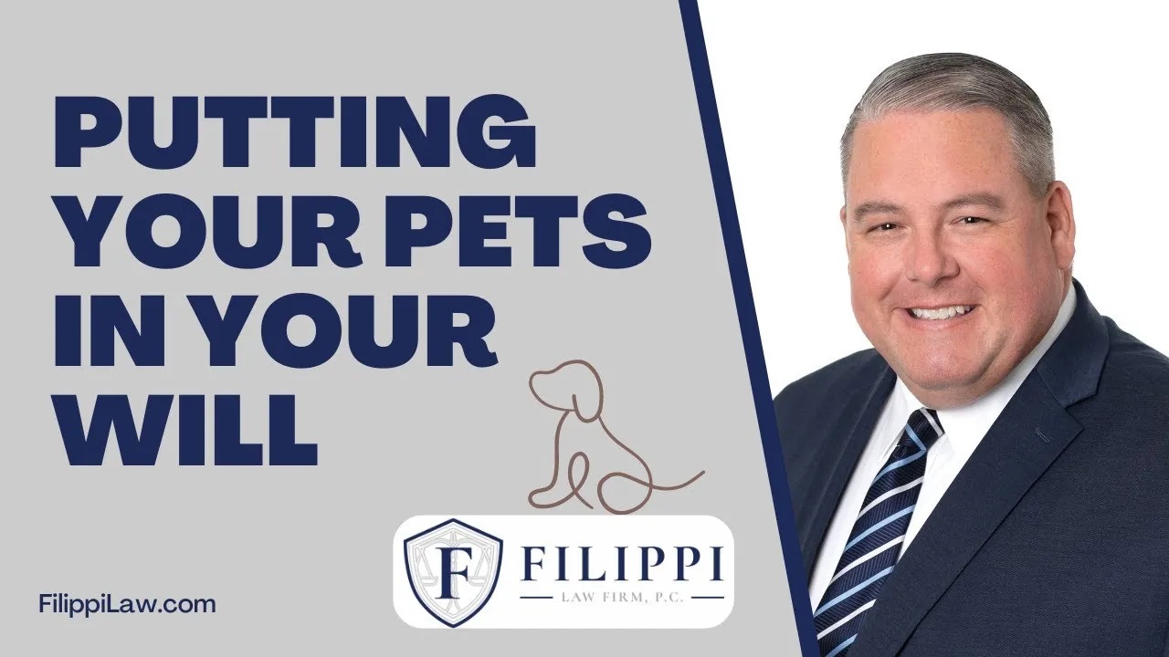 Professional man in suit with text "Putting your pets in your will" and Filippi Law Firm logo.