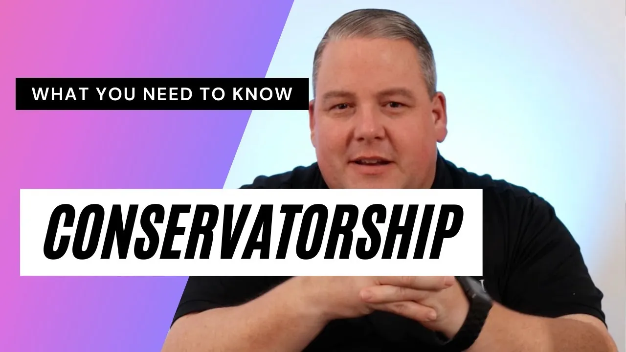 Man in black shirt with folded hands, text "What You Need to Know" and "Conservatorship" on purple and white background.