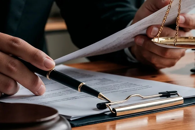 Close-up of a person holding legal documents and a pen, with a golden scale and gavel on a wooden desk.