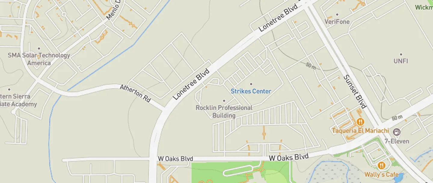 Map segment showing streets and labeled locations including LoneTree Blvd, Sunset Blvd, Atherton Rd, W Oaks Blvd, 7-Eleven, Taqueria El Mariachi, Wally's Cafe, and Rocklin Professional Building.