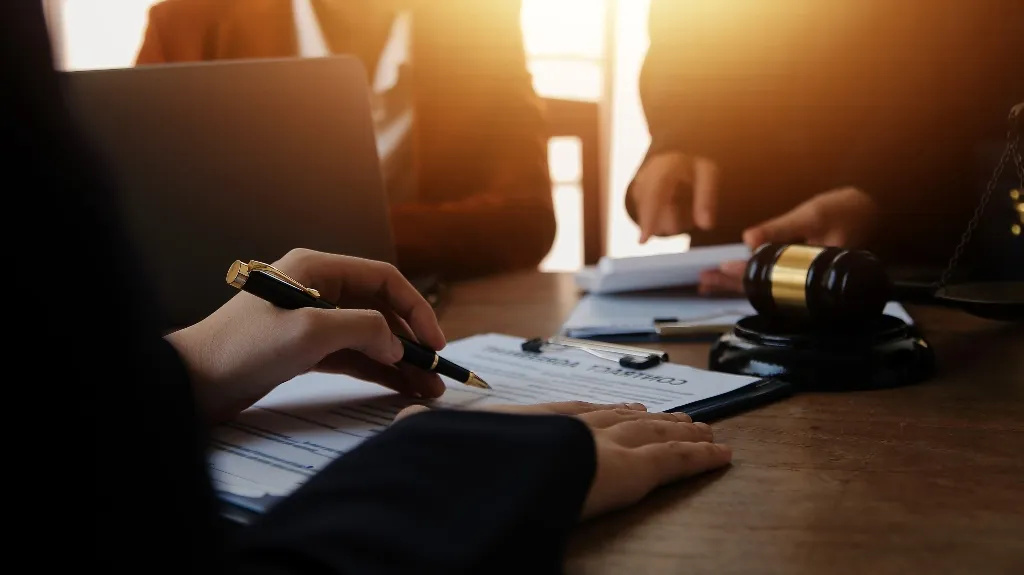 Person signing a contract document at a wooden table with a judge's gavel nearby.