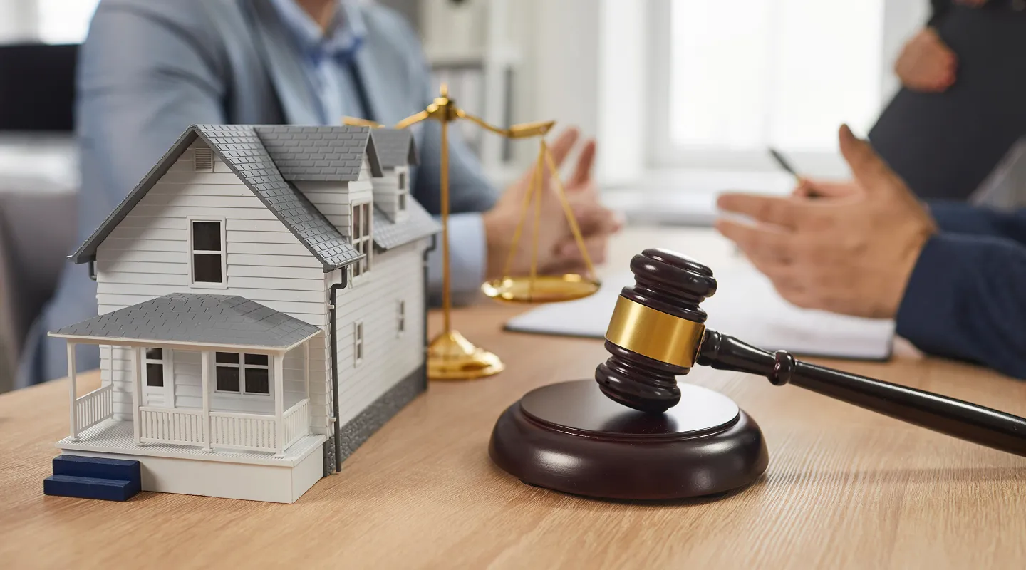 Close-up of a miniature house, gavel, and scales of justice on a table during a legal consultation.
